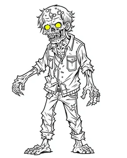 outline art for zombie oloring page, Japanese manga style, cartoon style, cute face, white background sketch style, full body is a must, only use outline, clean line art, no shadow, bold outline