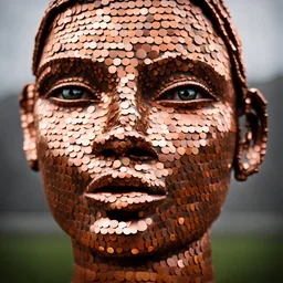 a human face made entirely from large pennies, photography, dramatic lighting