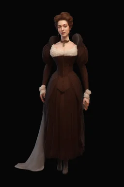 warm but stern aunty victorian era, posh british accent influenced, high born facial features dnd character on a solid black background, full body image, high quality realistic.