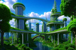 A futuristic alien city, with balconies, verandas, many arches, bridges, spires, paths, trees, dense foliage, Spanish moss, ivy, river, blue sky, white clouds