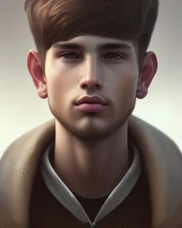  boy, cute, young, teen, brown hair, brown eyes, medium hair, bangs, head and shoulders portrait, head and shoulders portrait, 8k resolution concept art portrait by Greg Rutkowski,