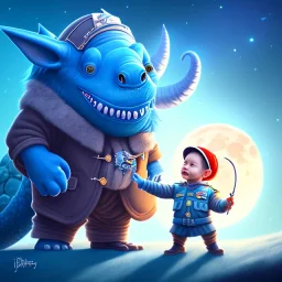 1yo little szymon is on safari onthe moon. petting a blue dinosaur. he has big binoculars and a funny hat. High detailed. Cinematic. Digital painting. Warm lights.