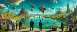 Mr Salvador Dali and Mr Hieronymus Bosch talking to each other at an outdoor surrealist market. A herd of dream-like sky-fish swim high in the far distance, with a beautiful surreal outdoor countryside summer scene with hills, waterfalls, and an intricate fractal sky, very high detail, photorealistic, epic cinematic, 8K, Large depth of field