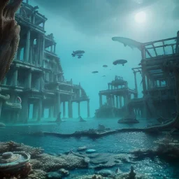 lost underwater city, Poseidon, highly detailed, cinematic, ultra photorealistic, ultra realistic, volumetric lighting, sun shafts, spectral, 4k, 8k, fish swimming around, murky, coral reef, shipwreck