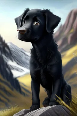 Escape to the mountains, cute realistic black dog with floppy ears and short tail