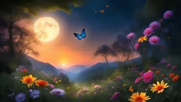 Award winning photograph. As the sun set, the sky turned black and the full moon became a bright light in the darkness of the night. The moonlight, like a magic beam, shone on the earth and the rainbow flowers, enhancing their beauty. The flowers, with their pleasant and fresh smell, hosted various butterflies and fireflies that danced and flew around. Many butterflies, colorful wings, beautiful, superb, gentleness, peace and happiness. Photorealistic, high resolution and detailed.