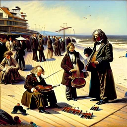 Ludwig van Beethoven, Johannes Brahms, Wolfgang Amadeus Mozart, Antonin Dubzek and Johann Sebastian Bach stand on the boardwalk on the beach in San Francisco and play violins in front of children, men and women who sit on the floor and listen to them,