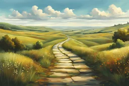 Illustration {crossroad, path away from viewer, countryside}, realism, realistic, semi-realistic, fantasy,
