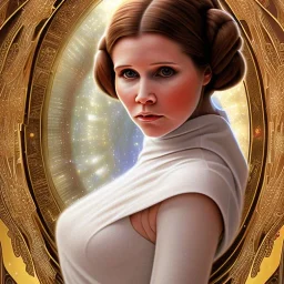 hyperspace background, complete and photo realistic detailed head to waist stunning photo realistic portrait of young carrie fisher as Princess Leia in star wars with photo realistic hairstyle by Mandy Jurgens and mucha and Richard Schmid and chuck close and chie yoshii, extraordinary and detailed ceremony dress of star wars,brown eyes