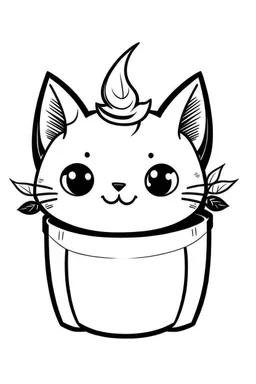 a simple outline of a cute cat in a pot, in a drawing style, black and white.