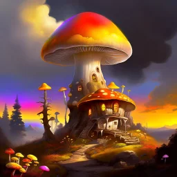 A rustic white, orange and yellow (((mushroom house))) perched atop a (tall geologic pillar), surrounded by a ((( rainbow haze ))), offset by the subtle hues of an (dark space scape), within. captured by the hand a skilled master painter with a focus on (hard bold compositions and voluminous lighting).detailed matte painting, deep color, fantastical, intricate detail, splash screen, exaggerated colors, fantasy concept art, 8k resolution