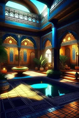 Arabic Islamic house with Arabic ornaments, bar light, creative,Arabic calligraphy, arabesques, highly detailed, pool, hyper realistic, beautiful garden, colourful courtyard, colorés