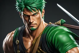 Zoro in 8k live action artstyle, one piece them, Young man, dynamic pose, intricate details, highly detailed, high details, detailed portrait, masterpiece,ultra detailed, ultra quality