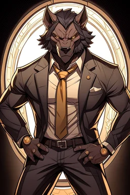 Buff, anthro, wolf, himbo, black fur, gold eyes, wearing a suit, full-body, muscles, strong, muscular, man boobs, bulky, tail, dark fur, smug grin, hands on hips, furry-himbo, broad shoulders, wide hips, big chest, big muscles,