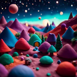 Odd dada village made of modeling clay, odd, block colours, surreal landscape, sharp focus, colorful, stars and planets, bokeh, 8k, highly detailed, large format film, medium format film, shot on Hasselblad