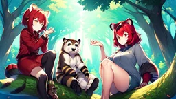 Two Girls, red hair, raccoon ears, raccoon tail, raccoon face, forest, sit on tree, raccoon paws on hand, paws on foot,