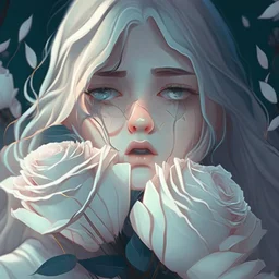 Pictures of a girl with a beautiful face holding white roses covering her face Like from a cartoon movie, digital art, anime, 4k, full details, high resolution