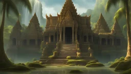 храм камбоджи рельефы богов в джунглях пальмы скалы водопады фэнтези арт