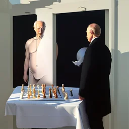 Putin, President Xi Of China And Joe Biden Play Chess With A Pigeon,Ufo And Atomic Bomb Mushroom Cloud,Complex Surgical Instruments Intermixed With A Newborn Boy,Minimalism,Painting By Adrian Ghenie,Rene Magritte,Pablo Picasso,Michelangelo,Salvador Dali,Lucian Freud