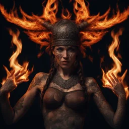 Behold the powerful alluring and pretty Viking shaman woman, her body adorned with mystical tattoos, swaying to the rhythm of the flames. intricate details, HDR, beautifully shot, hyperrealistic, sharp focus, 64 megapixels, perfect composition, high contrast, cinematic, atmospheric, moody