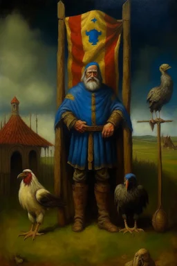 1970's dark fantasy cover dnd style oil painting of a medieval gigant man hobo lord with chickens at the country from uruguay with the flag of uruguay with minimalist far perspective.