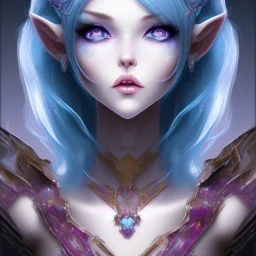 An elf, with crystal blue eyes, and magenta hair, teardrop shaped eyebrows, woman, angry expression, anime style