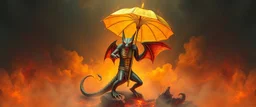 smite by god was the evil demon gremlin winged serpent man holding a golden umbrella in a pool of smoke and lava in the style of Escher and Giger.