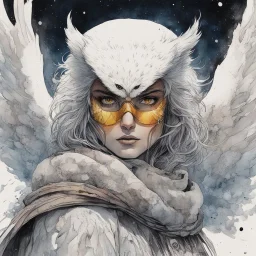 ink wash and watercolor illustration of a whimsical hybrid Snowy Owl girl with highly detailed feathers and facial features in the comic book style of Bill Sienkiewicz and Jean Giraud Moebius, with a fine art aesthetic, highly detailed , 4k UHD cinegraphic quality