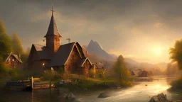 Looking across a fast-flowing dangerous river to a village of new wooden houses, school, church and farm buildings, and mountains in the far distance, highly detailed, realistic, sunshine, RTX