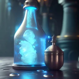 a blue glowing mana potion, steam punk, realistic, made in octane, cinematic, ultra-realistic, extremely detailed octane rendering, 8K, VRAY Super Real ar 2:3, dof photorealistic futuristic 50mm lens hard lighting dark gray tintype photograph, realistic lighting