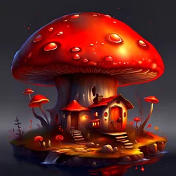 Wonderful spotless mushroom house in space. Floating Island in space. Black, crimson and tangerine colored fine detail oil painting photo realistic hyper detailed perfect composition trending on artstation.