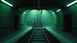 GAME CONCEPT ART .two poin perspective.Station platform and stairs from side .photograph inside of hole .very big ambient.gient station.Inside the old subway tracks, . Low light and closed green moss walls. Like the original design of the game space ,digital art.landscape,far camera old painting,2 Chen and George Hopper, Rembrandt lighting, a dark green color scheme, . --ar 13:16 --v 6. 0 metro game