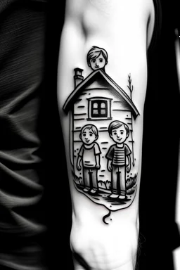 A simple black and white tattoo of three sons, aged 12, 8 & 5 in a house