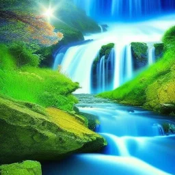 beautiful dream, mystical, cascades, high quality, masterpiece, pastel colors, blue river