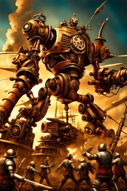 steampunk warrior robot with a big, complicated and detailed mechanical sword fighting in a battlefield with steampunk ships and planes in the background. Masterpiece, hyper detailed, details, battlefield, dramatic, dramatic lighting