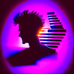 The silhouette of a musical performer in the spotlight. - very noticeable shadows - very realistic details - style: "synthwave"