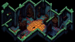 a 2000 by 2000 pixel birds eye view of a 32 bit dungeon crawler game set in abandoned churches connected by underground mines. must include a player, demons, bibles and anything else found in a church or dungeon