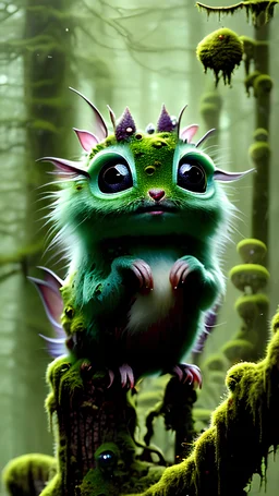 A very cute moss nymphomaniac creature, with big eyes, reflection in eyes, magical mossy fungi forest, full figure, whole body, Art by Norman Rockwell, digital art, trending on artstation, high contrast, deep color, magical, beautiful