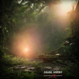 vietnam war. jungle. cd cover. bokeh. lens flare. warm lights. high detailed