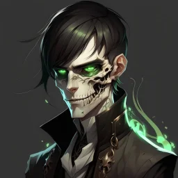 male, half-elf, young, noble, costume, half skull mask, pale skin color