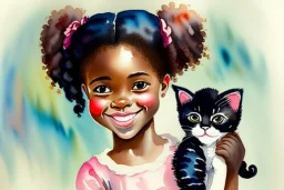 A cute smiling Afro-American girl is holding a kitten. Watercolour