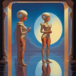 [art by Angus McKie] the reflection in the mirror is not her