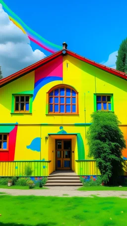 A neon yellow house underneath a rainbow painted by Wassily Kandinsky