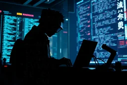 cypher punk silhouette mining code in a Tokyo lab