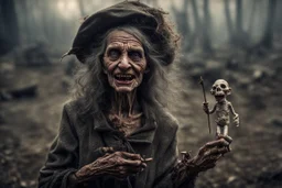 photorealistic. extreme scary and evil elderly skinny witch. with big dirty ugly sharp teeth. with dark curly hair and a long broken nose, holding a vodoo doll in left hand and putting needles in the vodoo dol with right hand, with lots of ghosts flying around, Epic, mysterious environment, 16k, UHD, HDR, (Masterpiece:1.5), Best Quality:1.5) with full blown rabies