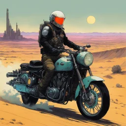 [sci-fi concept design by W. Heath Robinson] Dorohedoro rides a flashy cyberpunk style motorcycle with big engine and lights in the desert storm