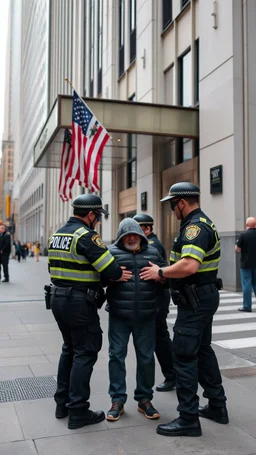 a homeless is arrested by three policemen in front of trump building in New York