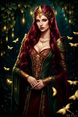 Burgundy hair, dark hair,dark red , rapunzel hair,very long hair,dark fairy princess,elven crown,night,dragonflies,beautiful,ong ashes,golden armor ,sparkle,night blooming,ivy,dark green,lilly of valley,golden elven crown,elven warrior,dark gold armor,extremely long hair