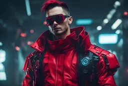 um homem vestido com roupa ciberpunk vermelha