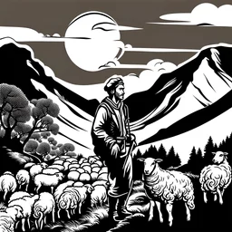 berger portant un béret accompagné de moutons en montagne pictogramme noir et blanc